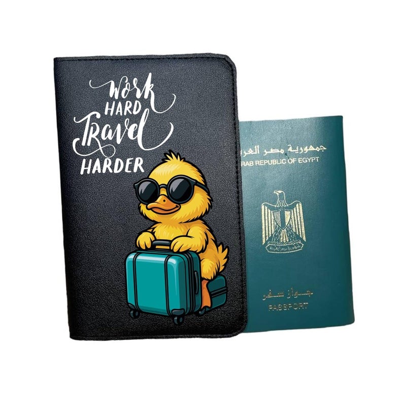 Passport cover- Artificial leather- Black- One sided printing-English quote-Work hard travel harder, We print your gift - Image 1