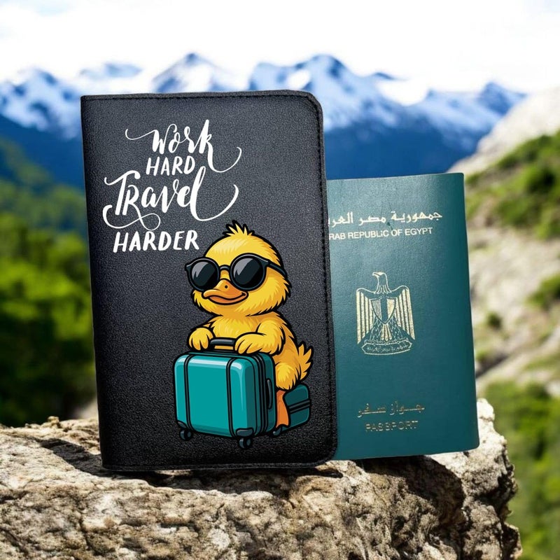 Passport cover- Artificial leather- Black- One sided printing-English quote-Work hard travel harder, We print your gift - Image 2