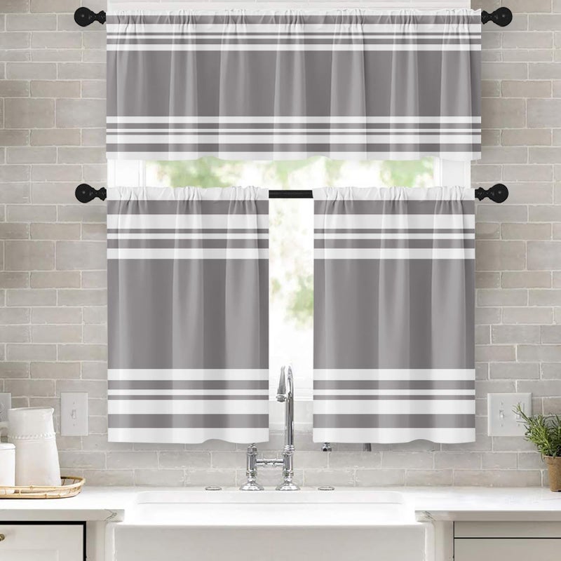 Tayney Light Grey Kitchen Window Curtains Valance and Tier Set 36 Inch, Gray Striped Abstract Rod Pocket Short Tier Curtain for Bathroom, Modern Small Cafe Drapes for Kitchen Decor - Image 1