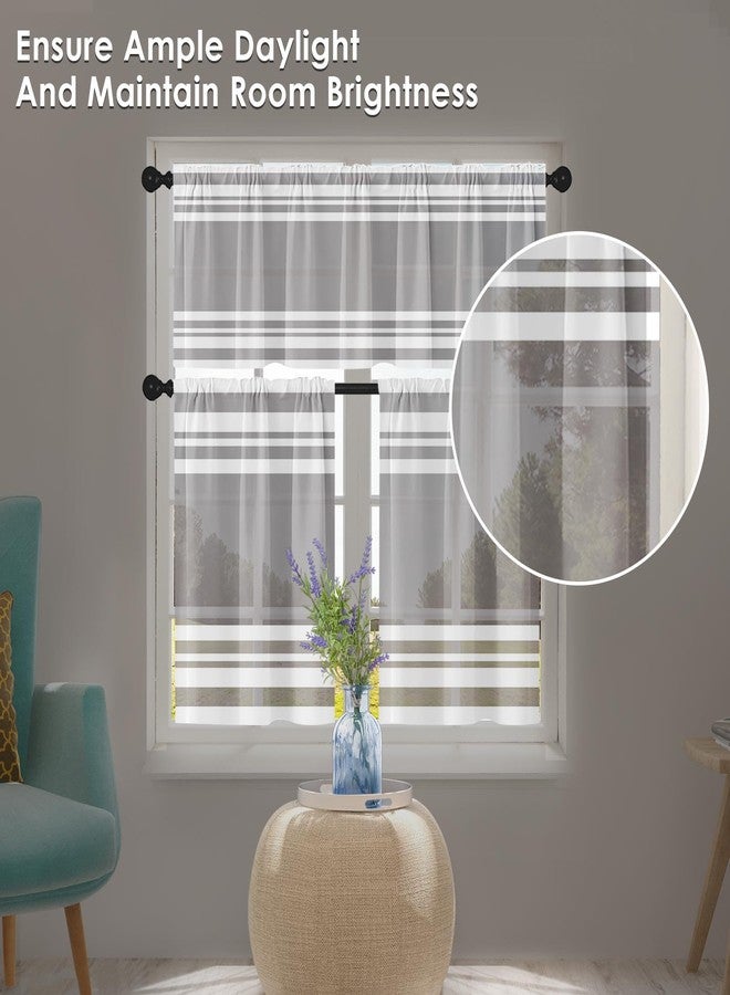 Tayney Light Grey Kitchen Window Curtains Valance and Tier Set 36 Inch, Gray Striped Abstract Rod Pocket Short Tier Curtain for Bathroom, Modern Small Cafe Drapes for Kitchen Decor - Image 2
