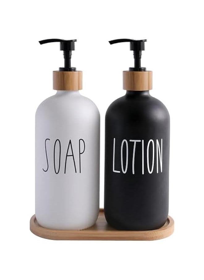HOOKOR Soap Dispenser Bathroom Set- Hand Soap and Lotion Dispenser Set with Tray - Glass Bathroom Soap Dispenser Set Pump -Farmhouse Bathroom Decor,Bathroom Accessories  - Image 1