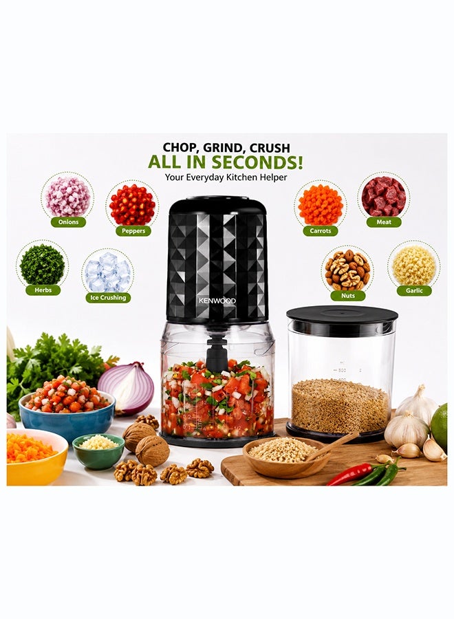 KENWOOD Chopper 400W Electric Food Chopper with 2 x 800ml Bowl, Dual Speed, Stainless Steel Quad Blade, Rubber Lid, Ice Crush Function CHP40.500BK Black 800 ml 400 W CHP40.500BK Black - Image 3