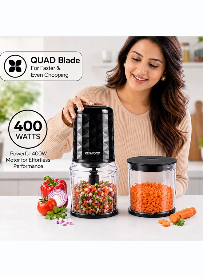 KENWOOD Chopper 400W Electric Food Chopper with 2 x 800ml Bowl, Dual Speed, Stainless Steel Quad Blade, Rubber Lid, Ice Crush Function CHP40.500BK Black 800 ml 400 W CHP40.500BK Black - Image 4