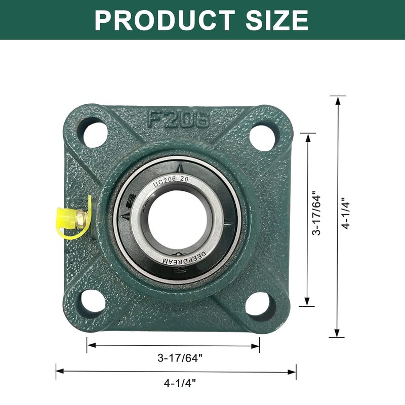 DEEPDREAM 2 Pcs of UCF206-20 Pillow Block Bearing, 1-1/4 inch Bore, 4 Bolt Square Flange Mounted, Self Alignment - Image 2