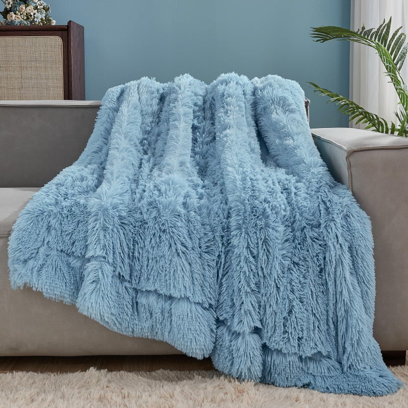 GONAAP Fuzzy Faux Fur Throw Blanket Light Blue Super Soft Cozy Plush Fuzzy Shaggy Blanket for Couch Sofa Bed (Light Blue  Throw(50""x60"")) - Image 1