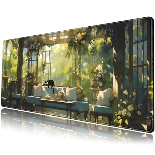 Mechanical Cattle Cute Cat Desk Mat Green Plants Aesthetic Desk Pad Anime Kawaii Gaming Mouse Pad Large Mousepad Extended XL Laptop Keyboard Mouse Mat 31.5"x11.8" with Stitched Edges Non-Slip Rubber Base - Image 1