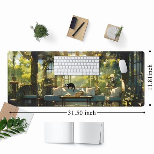 Mechanical Cattle Cute Cat Desk Mat Green Plants Aesthetic Desk Pad Anime Kawaii Gaming Mouse Pad Large Mousepad Extended XL Laptop Keyboard Mouse Mat 31.5"x11.8" with Stitched Edges Non-Slip Rubber Base - Image 2