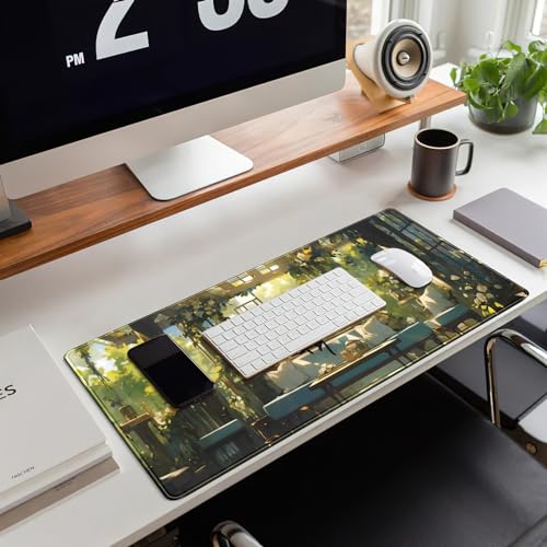 Mechanical Cattle Cute Cat Desk Mat Green Plants Aesthetic Desk Pad Anime Kawaii Gaming Mouse Pad Large Mousepad Extended XL Laptop Keyboard Mouse Mat 31.5"x11.8" with Stitched Edges Non-Slip Rubber Base - Image 5