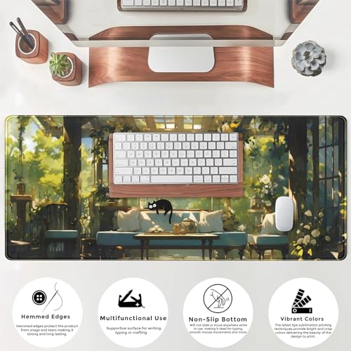 Mechanical Cattle Cute Cat Desk Mat Green Plants Aesthetic Desk Pad Anime Kawaii Gaming Mouse Pad Large Mousepad Extended XL Laptop Keyboard Mouse Mat 31.5"x11.8" with Stitched Edges Non-Slip Rubber Base - Image 4