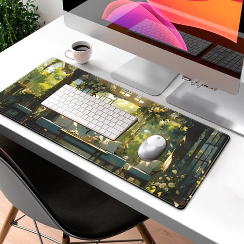 Mechanical Cattle Cute Cat Desk Mat Green Plants Aesthetic Desk Pad Anime Kawaii Gaming Mouse Pad Large Mousepad Extended XL Laptop Keyboard Mouse Mat 31.5"x11.8" with Stitched Edges Non-Slip Rubber Base - Image 3