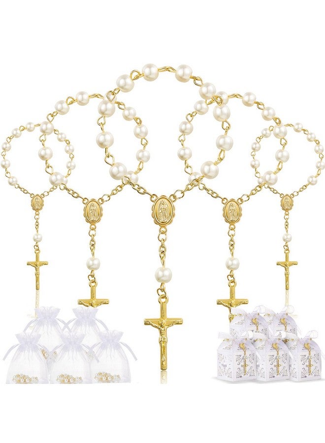 Bonuci 50 Packs Baptism Favors Set Acrylic Rosary Beads Faux Pearls with Organza Bags and Cross Baptism Favor Boxes Recuerdo De Boda Y Bautizo for Christening Weddings Party Favors(Gold Pearl Bracelet) - Image 1