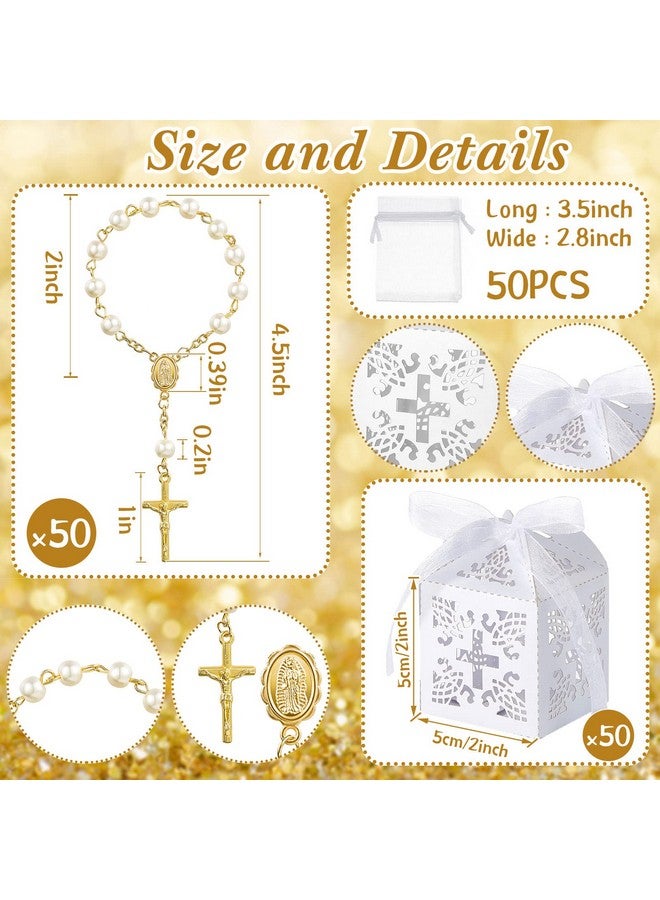 Bonuci 50 Packs Baptism Favors Set Acrylic Rosary Beads Faux Pearls with Organza Bags and Cross Baptism Favor Boxes Recuerdo De Boda Y Bautizo for Christening Weddings Party Favors(Gold Pearl Bracelet) - Image 2