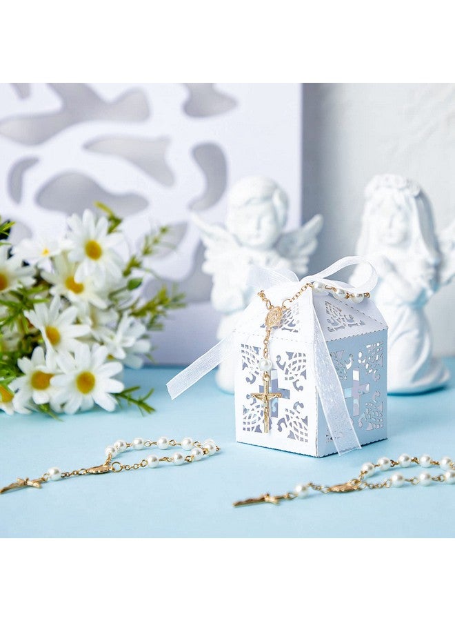 Bonuci 50 Packs Baptism Favors Set Acrylic Rosary Beads Faux Pearls with Organza Bags and Cross Baptism Favor Boxes Recuerdo De Boda Y Bautizo for Christening Weddings Party Favors(Gold Pearl Bracelet) - Image 4