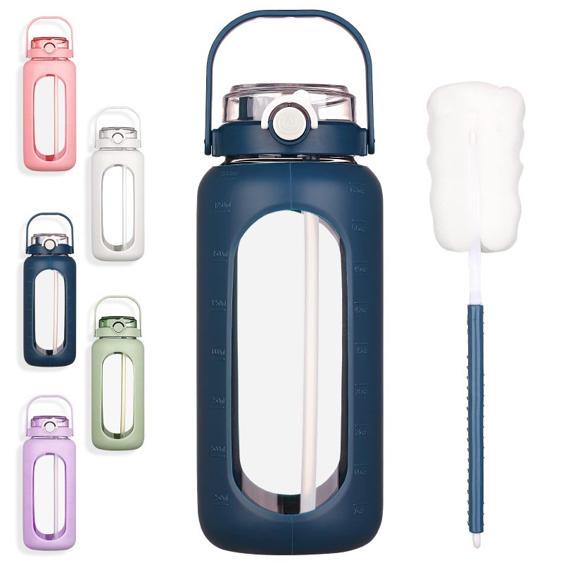 BLUEGO 64oz Glass Water Bottles with Straw Time Marker Half Gallon Large Motivational Water Bottle with Silicone Sleeve 2 Liter Large Glass Water Jug for Gym Sports Workout Daily Dark Blue