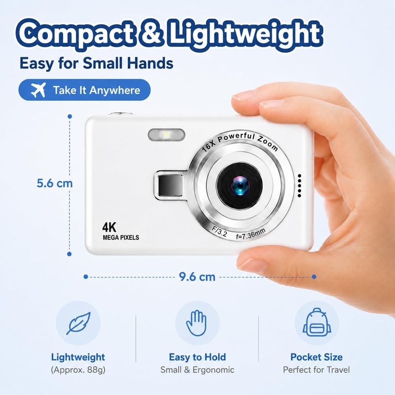 Favarey Digital Camera, FHD 1080P Point and Shoot Kids Camera with 16X Zoom, Anti-Shake, 32GB Card - Compact Kids Digital Camera Gift for Boys, Girls (White) - Image 4