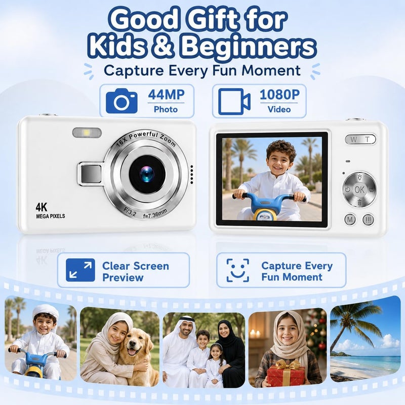 Favarey Digital Camera, FHD 1080P Point and Shoot Kids Camera with 16X Zoom, Anti-Shake, 32GB Card - Compact Kids Digital Camera Gift for Boys, Girls (White) - Image 3