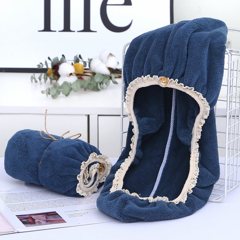 Generic Lace Lace Dry Hair Cap Womens Coral Fleece Princess Cap Double-Layer Dry Hair Towel Absorbent Household Quick-Drying Shower Cap Set/System calm blue