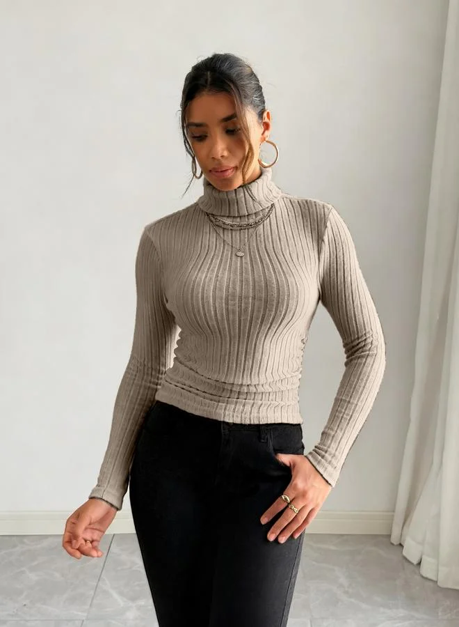 Take Two Women Beige Ribbed Turtleneck Top