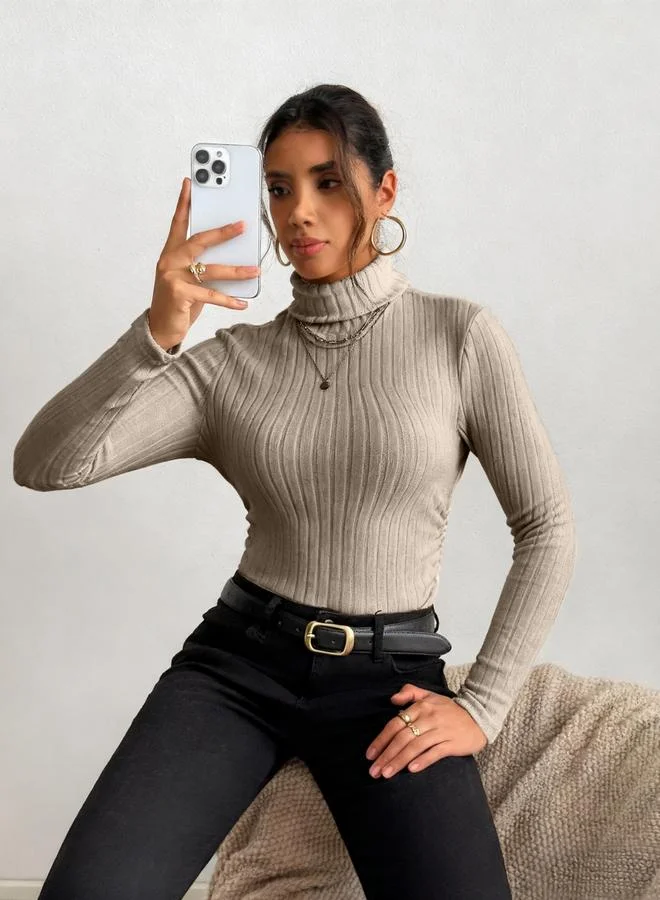 Take Two Women Beige Ribbed Turtleneck Top