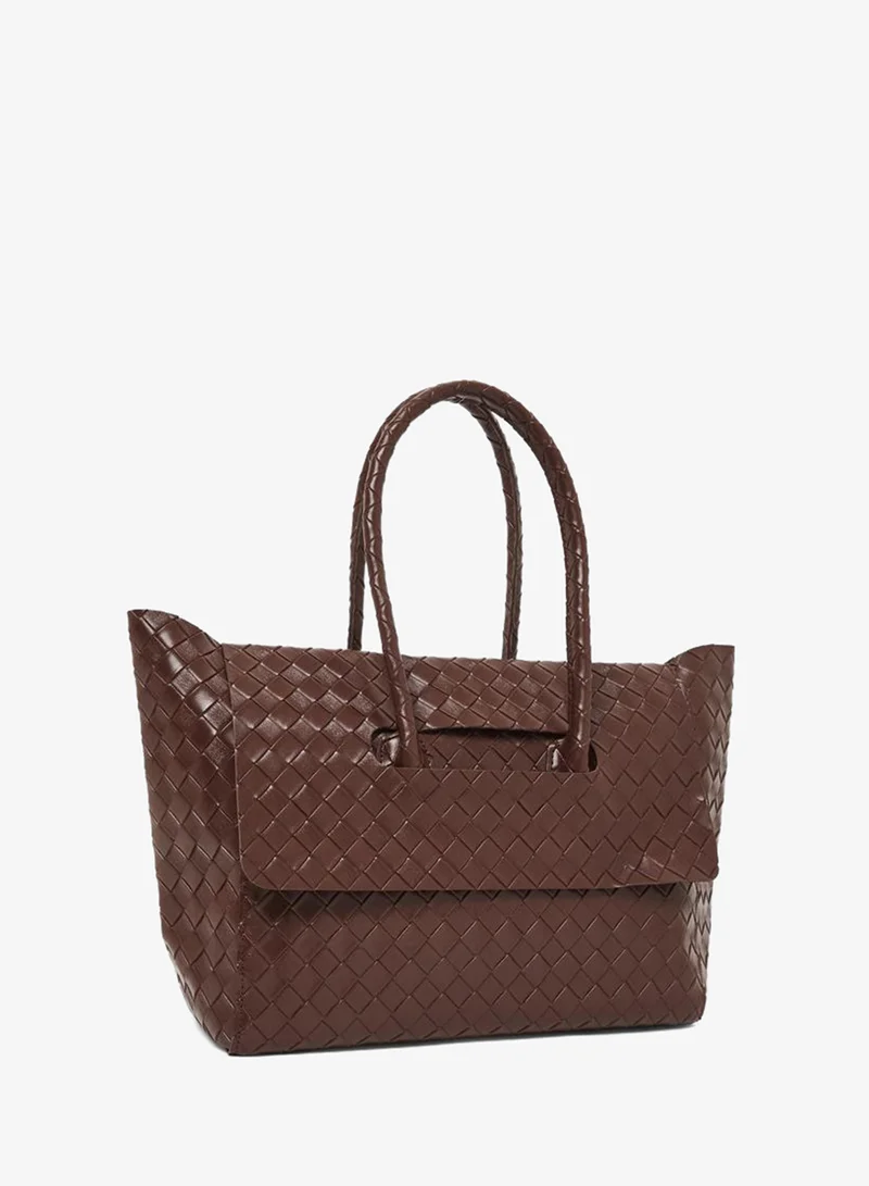 Styli Brown Leather Weave Shoulder Bag