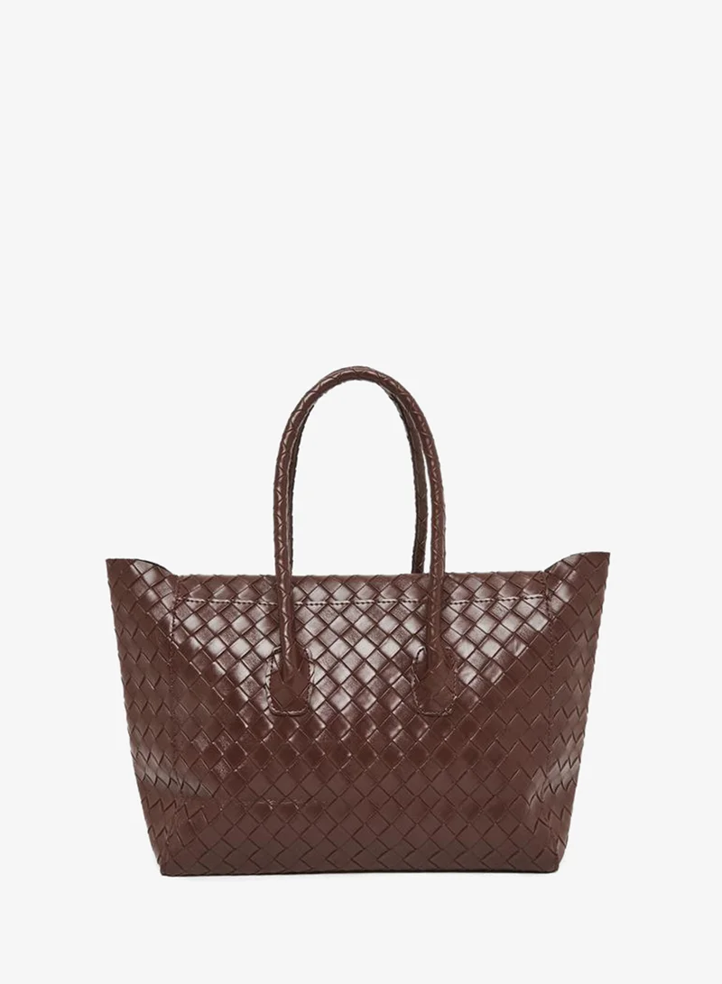 Styli Brown Leather Weave Shoulder Bag