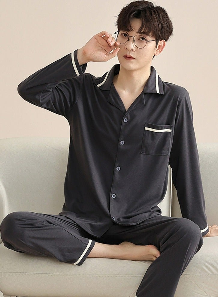 Loquat Men's 2-Piece Set Loose Nightgown Sleepwear Long Sleeve Lapel Top And Pants Soft Loungewear Wear Warm Pajamas Suit Dark Grey 