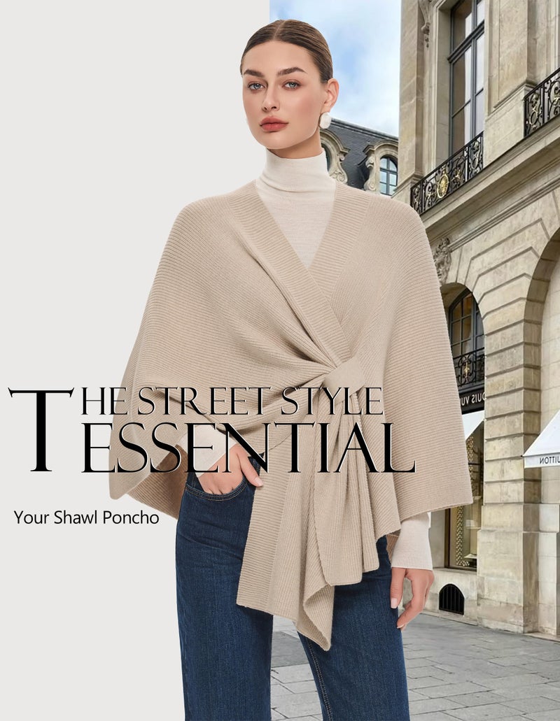 PULI Women's Shawl Wraps Ribbed Poncho Ruana Cape Open Front Cardigan Sweater Evening Dress for Fall Winter Barley Twist - Image 2