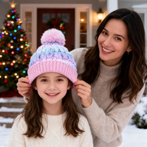PinkSheep Toddler Winter Hat, Cute Girls Warm Beanie with Pom Pom and Fleece Lined Winter Hats,Fashion Kids Knit Beanies Cap Gradient Blue - Image 2