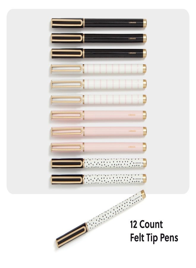 U Brands Catalina Felt Tip Pens, Set of 12, Stripes and Dots with Gold Details, Medium (0.7 mm) Point, Black Ink - Image 2
