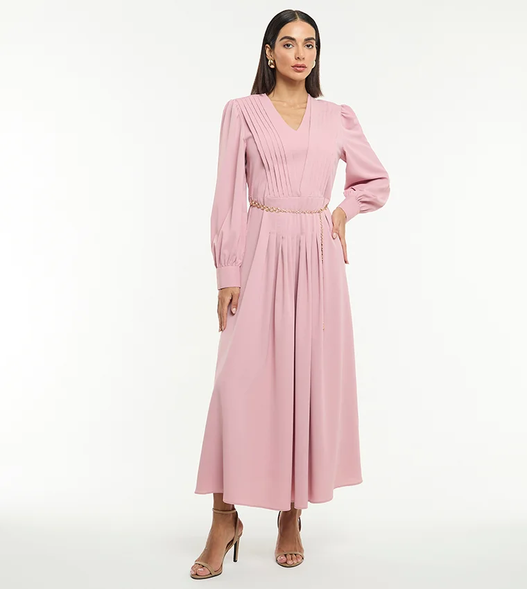 BCBG BCBG LONG SLEEVE PLEATED MAXI DRESS WITH BELT