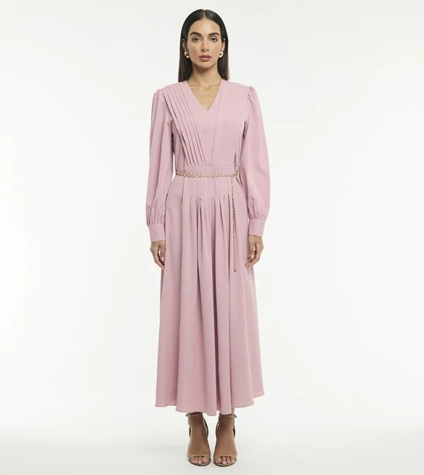 BCBG BCBG LONG SLEEVE PLEATED MAXI DRESS WITH BELT