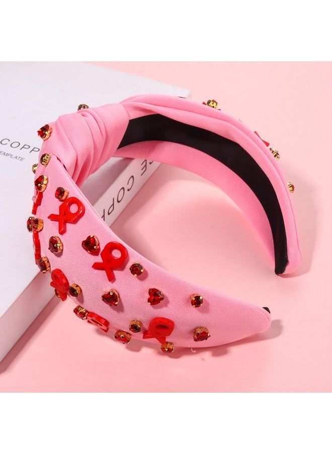 YAHPERN Valentine’S Day Headband For Women Red Pink Heart Knotted Headband Jeweled Rhinestone Crystal Wide Top Knot Hairband Valentine’S Day Hair Accessories Holiday Gifts  - Image 2