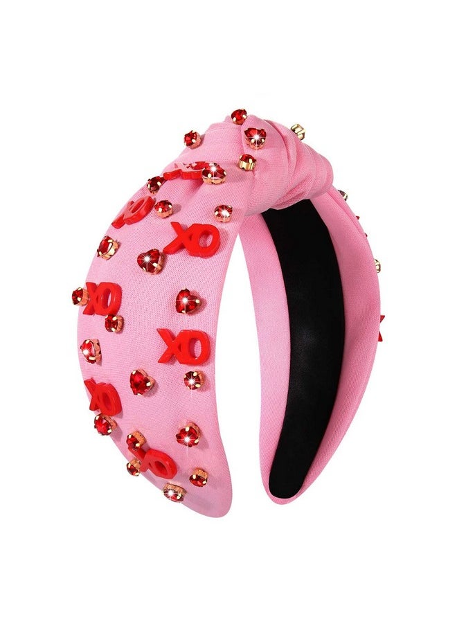 YAHPERN Valentine’S Day Headband For Women Red Pink Heart Knotted Headband Jeweled Rhinestone Crystal Wide Top Knot Hairband Valentine’S Day Hair Accessories Holiday Gifts  - Image 1