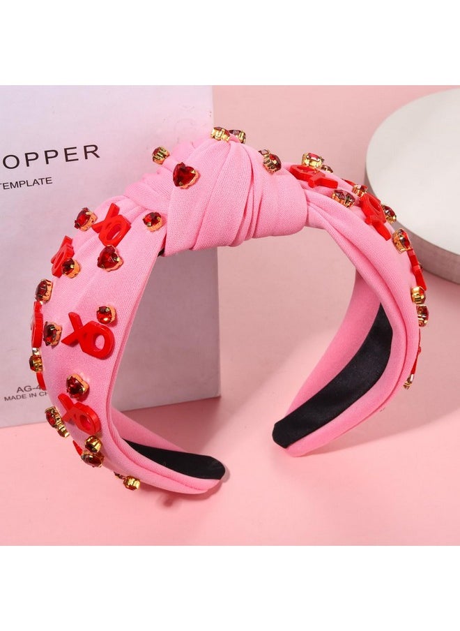 YAHPERN Valentine’S Day Headband For Women Red Pink Heart Knotted Headband Jeweled Rhinestone Crystal Wide Top Knot Hairband Valentine’S Day Hair Accessories Holiday Gifts  - Image 3