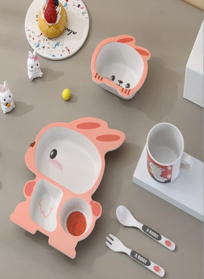 Vroxy Divided Meal Plate Tray Dinner Dish for Baby- Toddler- Kids Eating Food, Baby Feeding Bowl Cup Fork Spoon, Bamboo Fiber Toddler Kids Plate to Feed Themselves, Dish Washer Safe (Rabbit) - Image 1