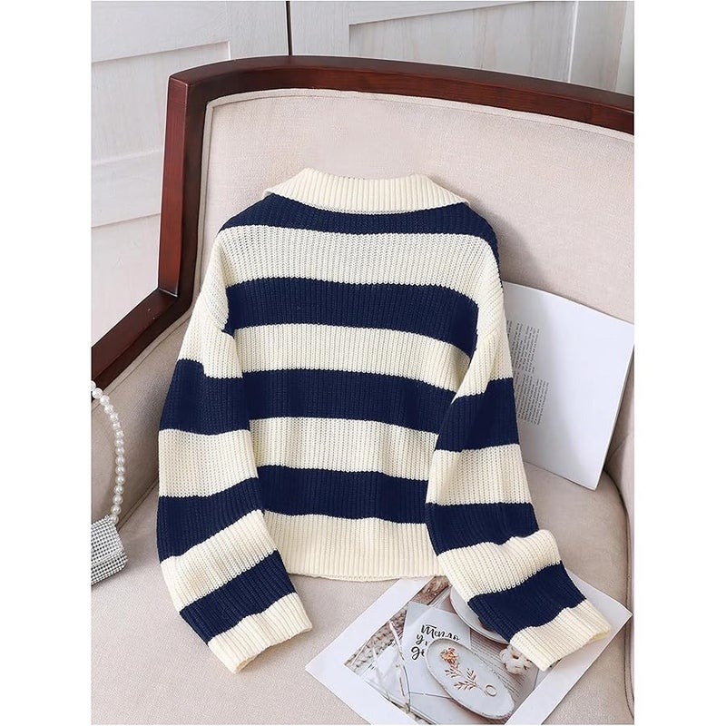 WDIRARA Girl's Striped Sweater Collar Long Sleeve Pullover Letter Patched Knitted Top - Image 2
