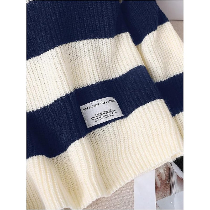 WDIRARA Girl's Striped Sweater Collar Long Sleeve Pullover Letter Patched Knitted Top - Image 4