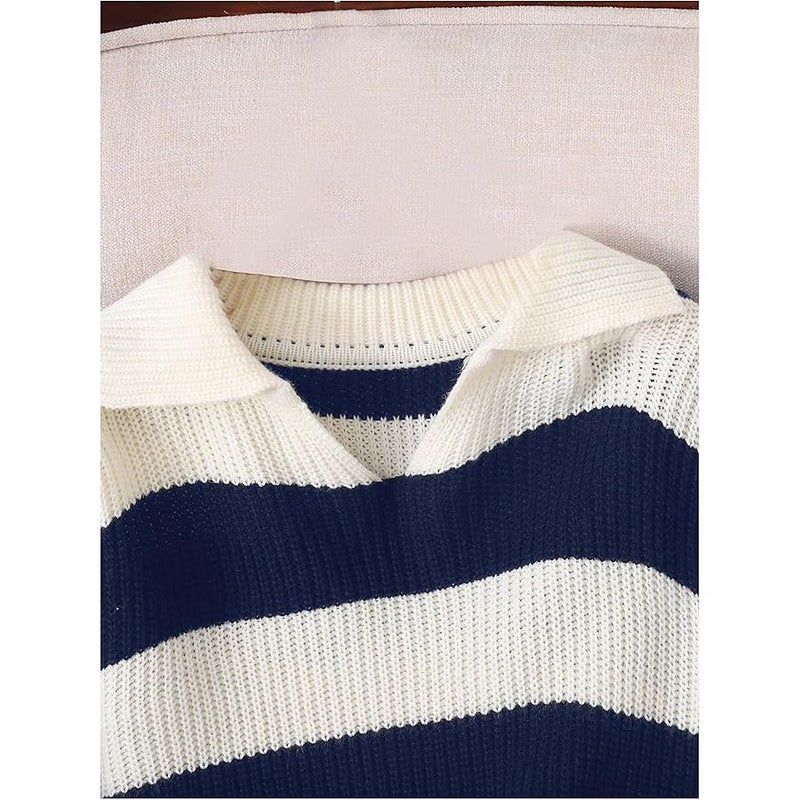 WDIRARA Girl's Striped Sweater Collar Long Sleeve Pullover Letter Patched Knitted Top - Image 3
