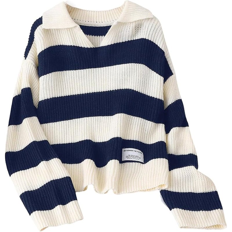 WDIRARA Girl's Striped Sweater Collar Long Sleeve Pullover Letter Patched Knitted Top - Image 1