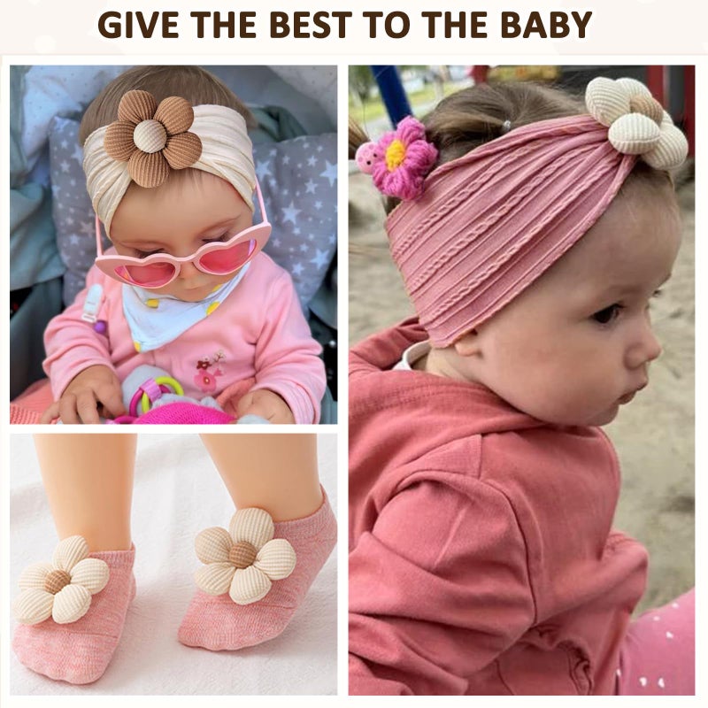 KEAINVRN Baby Girl Headbands and Socks,Non-Slip Grips Socks Flower Soft Hairbands Hair Accessories for Infant Toddler Kids (US, Age, 6 Months, 12 Months, pink beige) - Image 4