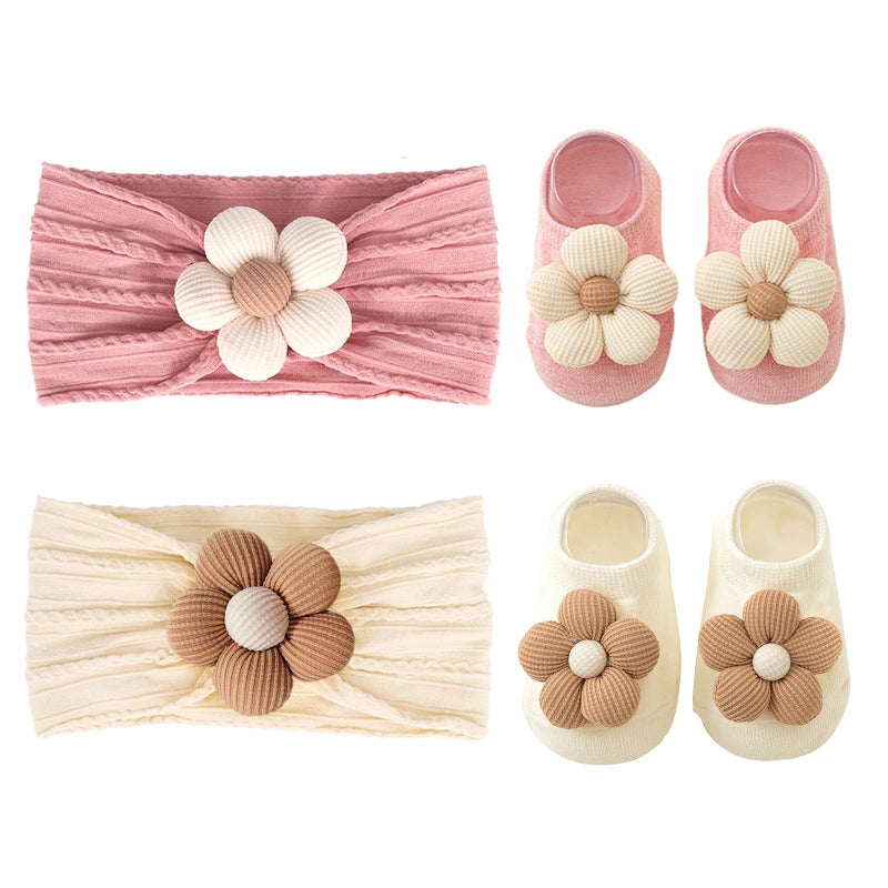 KEAINVRN Baby Girl Headbands and Socks,Non-Slip Grips Socks Flower Soft Hairbands Hair Accessories for Infant Toddler Kids (US, Age, 6 Months, 12 Months, pink beige) - Image 1