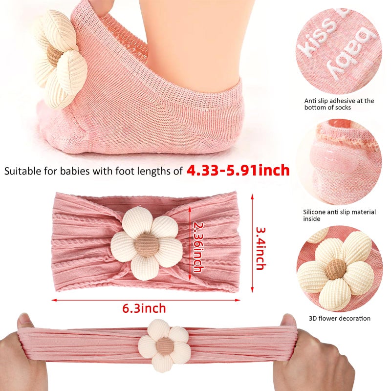 KEAINVRN Baby Girl Headbands and Socks,Non-Slip Grips Socks Flower Soft Hairbands Hair Accessories for Infant Toddler Kids (US, Age, 6 Months, 12 Months, pink beige) - Image 5