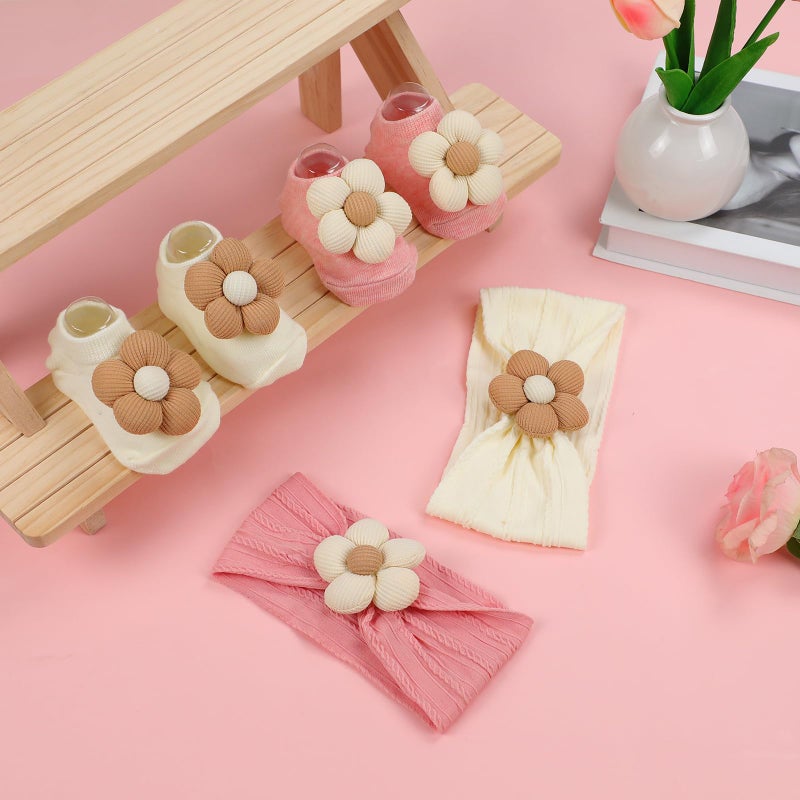 KEAINVRN Baby Girl Headbands and Socks,Non-Slip Grips Socks Flower Soft Hairbands Hair Accessories for Infant Toddler Kids (US, Age, 6 Months, 12 Months, pink beige) - Image 2