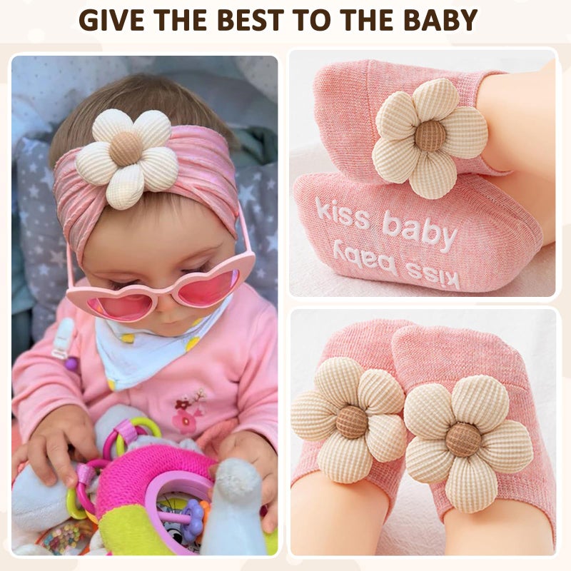 KEAINVRN Baby Girl Headbands and Socks,Non-Slip Grips Socks Flower Soft Hairbands Hair Accessories for Infant Toddler Kids (US, Age, 6 Months, 12 Months, pink beige) - Image 3