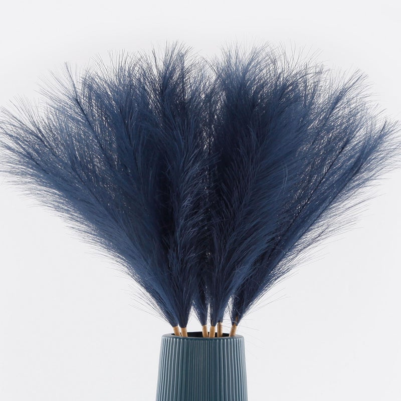 Acfruits Navy Blue Faux Pampas Grass Large Fluffy 276Inch Tall 6Pcs Artificial Fake Flower Boho Decor Bulrush Reed Grass for Vase Filler Farmhouse Home Wedding Decor
