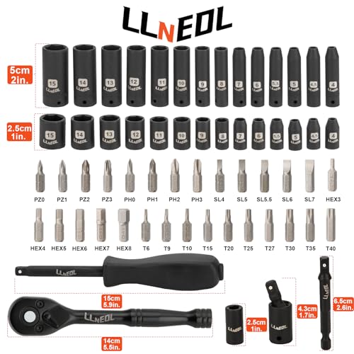LLNEDL 1/4 inch Impact Socket Set, 63 Piece Drive Socket Wrench Set Metric (4-15mm) Deep and Shallow 6 Point, Automotive Tool Kit with 72T Ratchet for Bicycle & Car Repairing - Image 2
