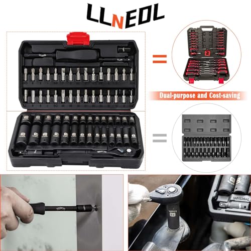 LLNEDL 1/4 inch Impact Socket Set, 63 Piece Drive Socket Wrench Set Metric (4-15mm) Deep and Shallow 6 Point, Automotive Tool Kit with 72T Ratchet for Bicycle & Car Repairing - Image 5