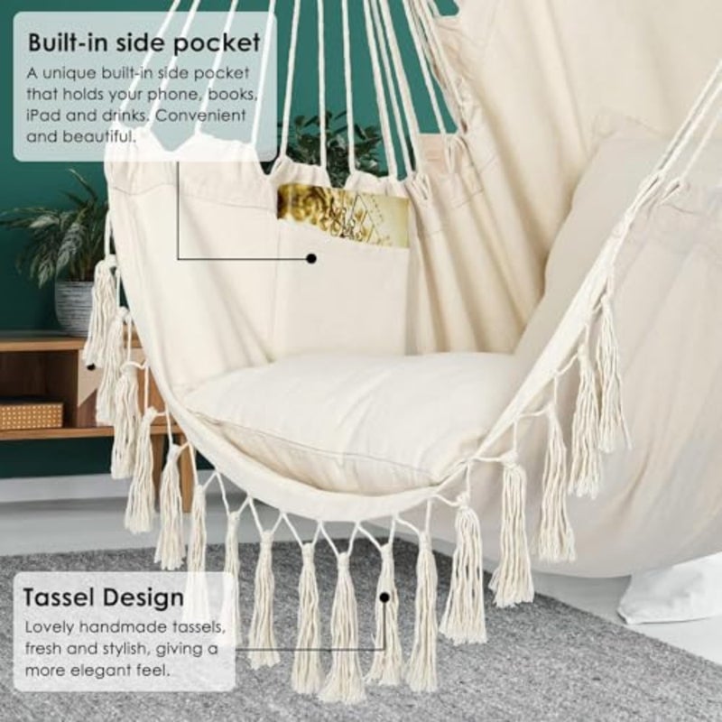 Travel Canvas Hammock Chair Hanging Rope Swing Seat with Wooden Spreader Bar Indoor and Outdoor Hanging Chair for Garden, Patio, Balcony, Bedroom, Camping and Relaxation White - Image 2
