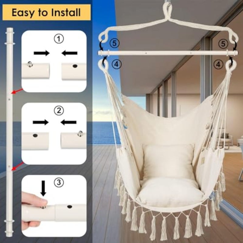 Travel Canvas Hammock Chair Hanging Rope Swing Seat with Wooden Spreader Bar Indoor and Outdoor Hanging Chair for Garden, Patio, Balcony, Bedroom, Camping and Relaxation White - Image 5
