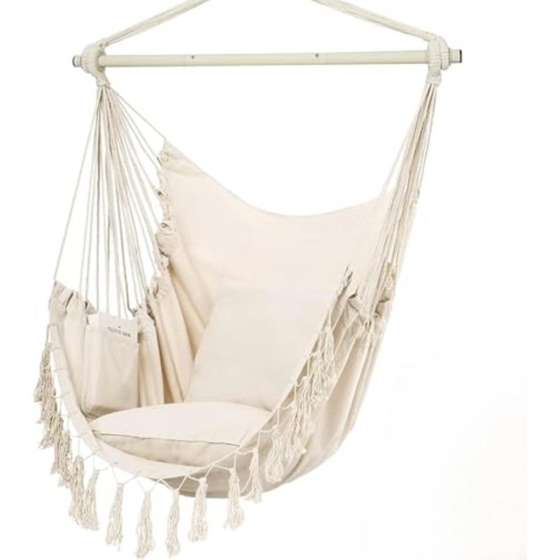 Travel Canvas Hammock Chair Hanging Rope Swing Seat with Wooden Spreader Bar Indoor and Outdoor Hanging Chair for Garden, Patio, Balcony, Bedroom, Camping and Relaxation White - Image 1